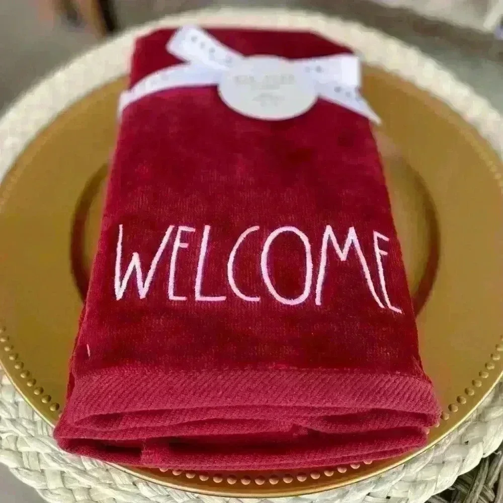 NEW SET of 2 - Rae Dunn - WELCOME - Beautiful Embroidered Burgundy Hand …
